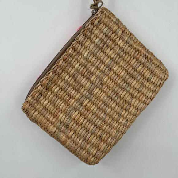 Women's Sea & Grass NWT Eva Handwoven Wristlet Clutch Pompom Natural/Pink Purse - Picture 3 of 4